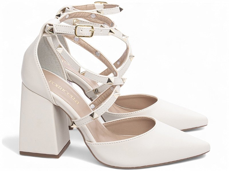 Scarpin Salto Grosso Off White Torricella 8,5cm com Apliques Dourados AVS 66077C