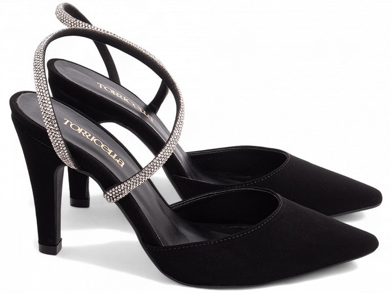 Scarpin Nobuck Preto Strass Prata Torricella Salto Fino Médio 9cm Feminino AVS 67080A