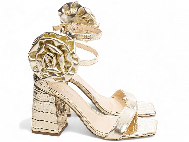 Sandália Feminina Dourada Torricella com Salto Grosso Médio e Flor Removível AVS 201C