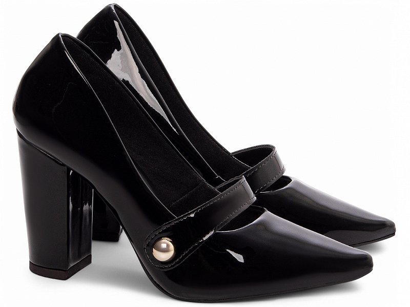 Sapato Scarpin Preto Verniz Salto Quadrado 9cm Detalhe Dourado Torricella AVS 65-13A
