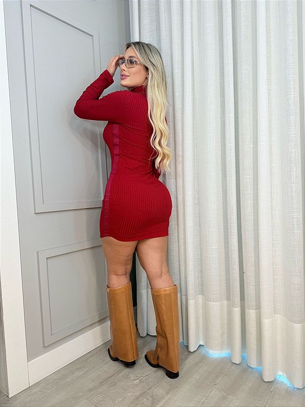 VESTIDO CANELADO GOLA ALTA MARIA GUEIXA