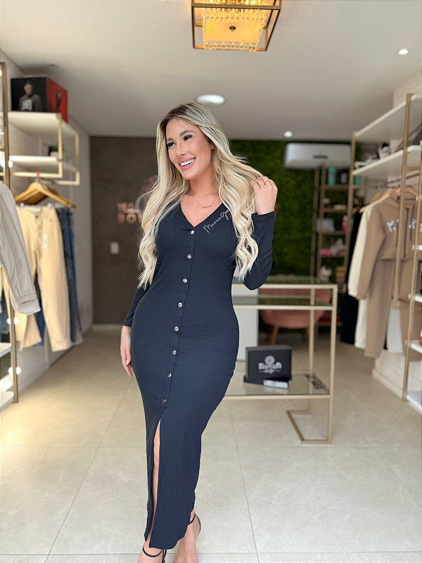 VESTIDO MIDI CANELADO STRASS MARIA GUEIXA