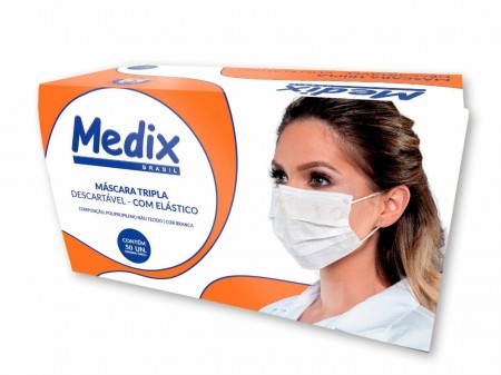 Máscara descartável tripla c/clip nasal branca 50un. Medix