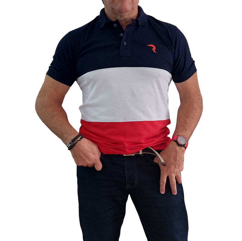 Polo masculina manga curta listrada vermelha em Piquet com proteção solar