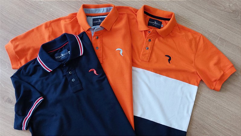 Kit 3 polos masculinas manga curta Yellow Brasil 1 polo listrada 1 polo marinho e 1 polo laranja