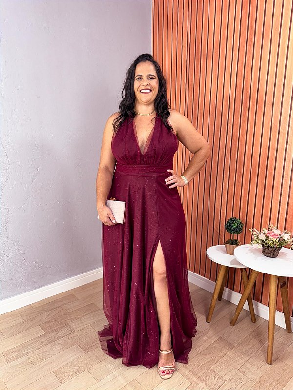 Madrinha Plus Modelo De Vestido Marsala VESTIDO FESTA BRILHO FLORA