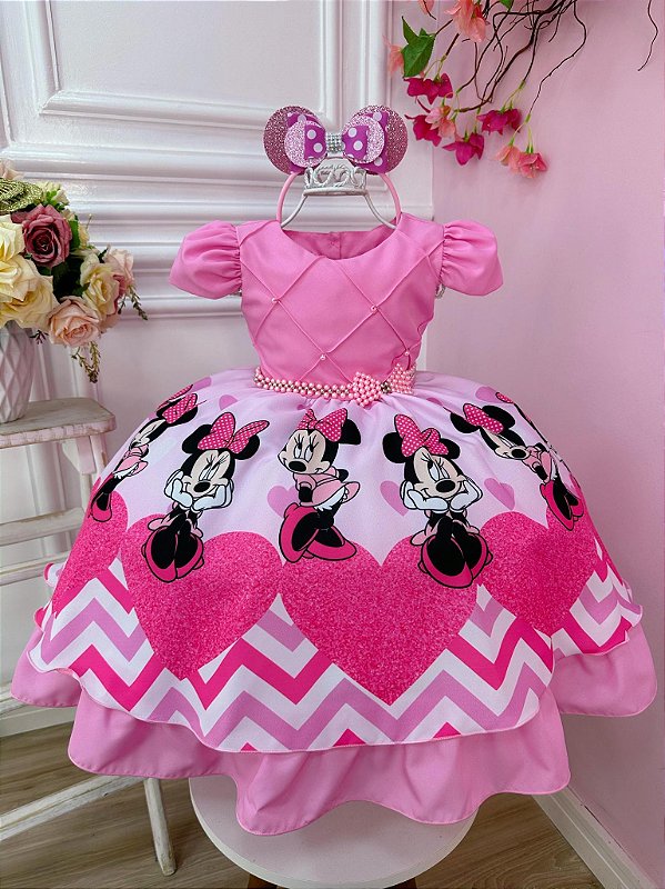 Vestido Infantil Vestido De Festa Minnie Rosa Fantasia Minnie