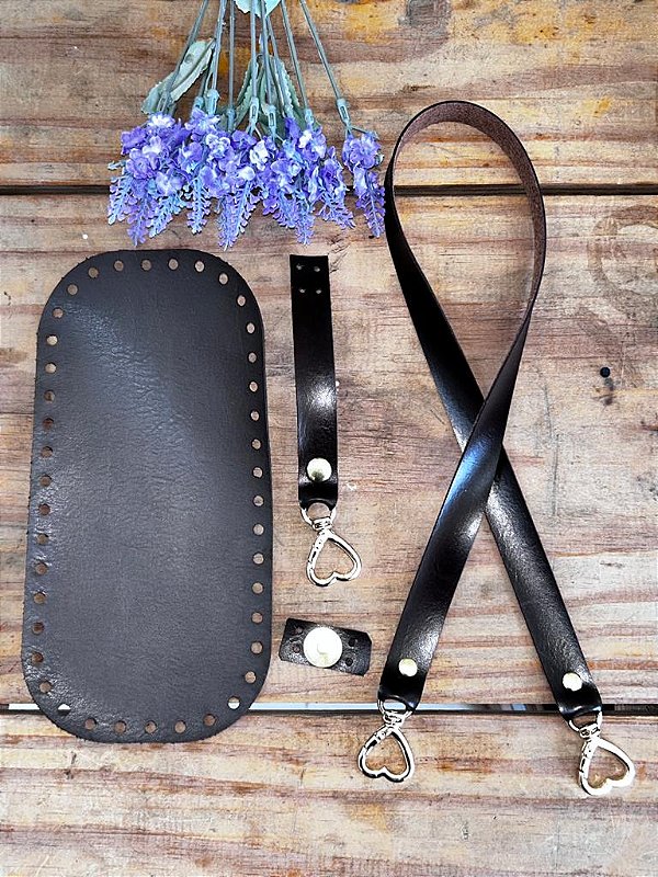 KIT LOVE MARROM: Alça + Fundo + Fecho couro ecológico para bolsas
