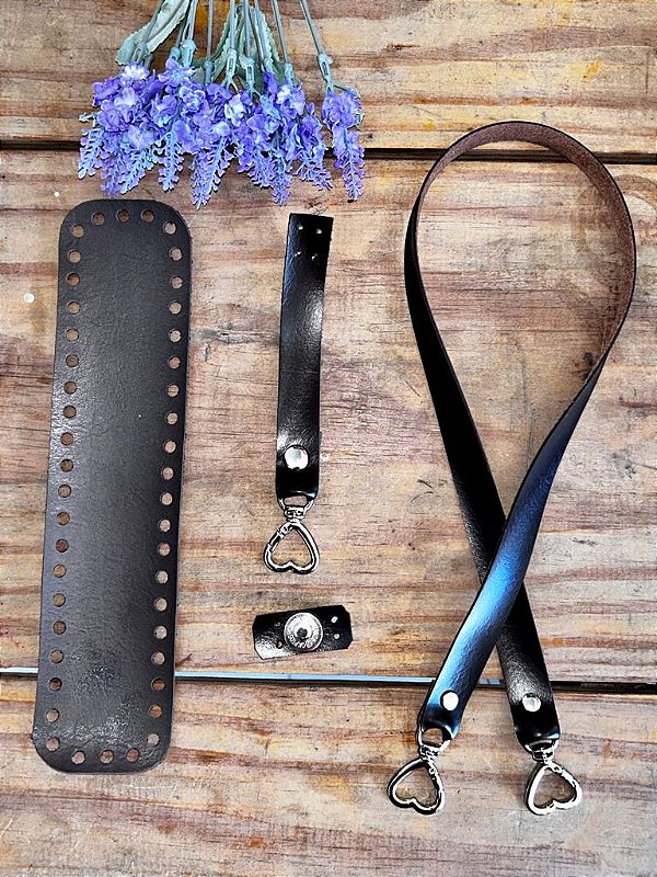 KIT LOVE MARROM: Alça + Fundo 25X6cm  + Fecho couro ecológico para bolsas