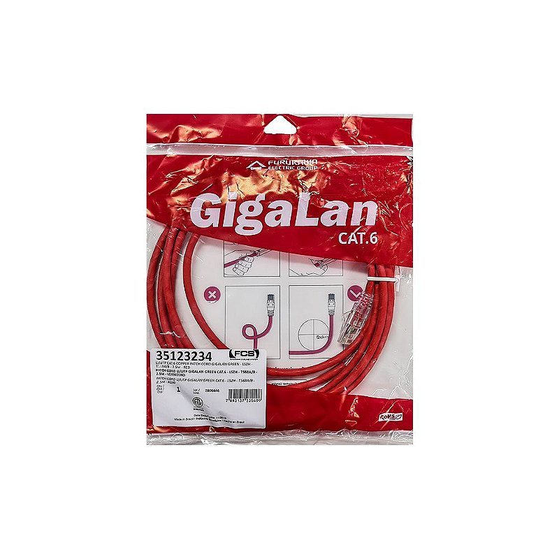 Patch Cord Cat6 2.5m Gigalan Furukawa Vermelho - Conexão sem limites