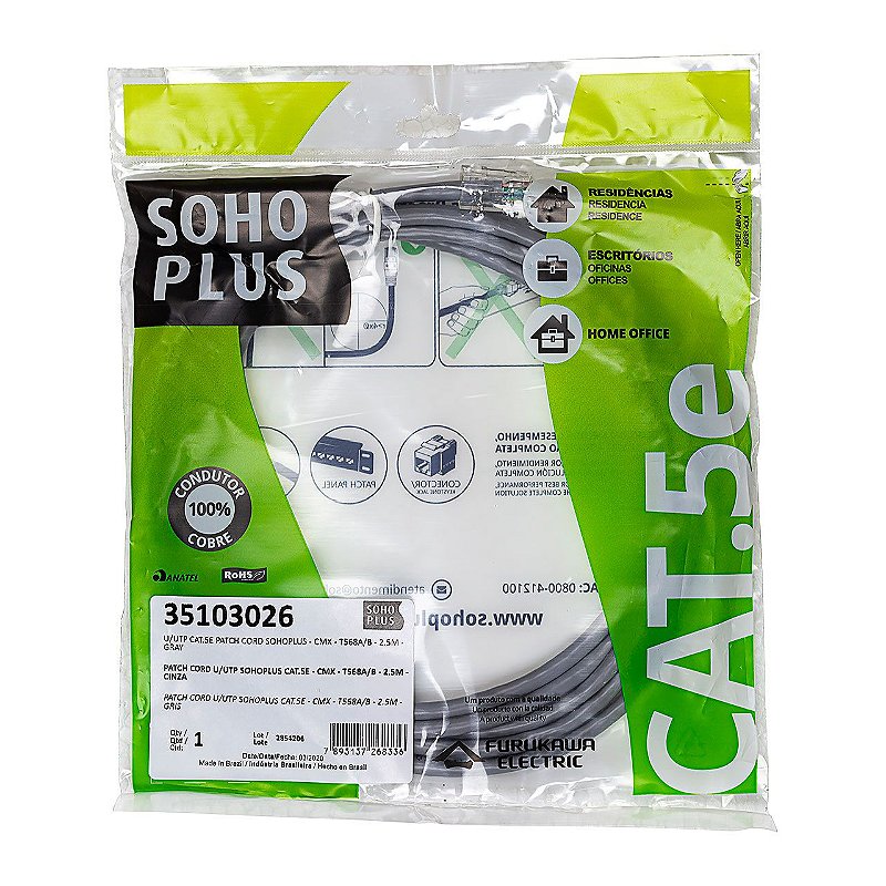 Patch Cord U/UTP Cat5e SohoPlus Furukawa Cinza 2,5 metros Ion Cabos