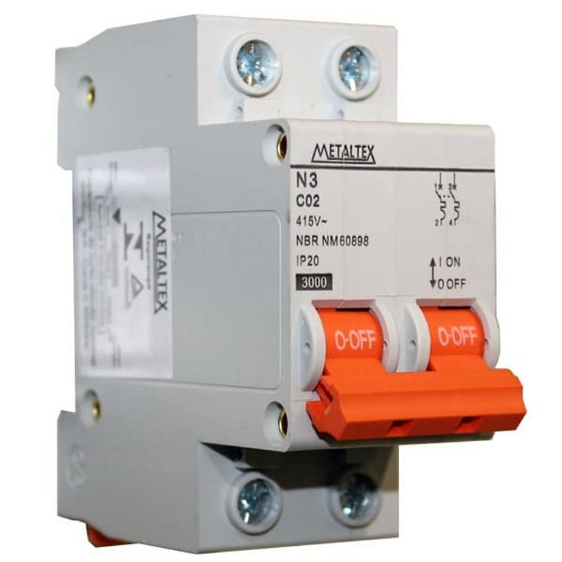 N3-2c02 | Mini Disjuntor 3ka 2 Polos Curva c 2a | Metaltex