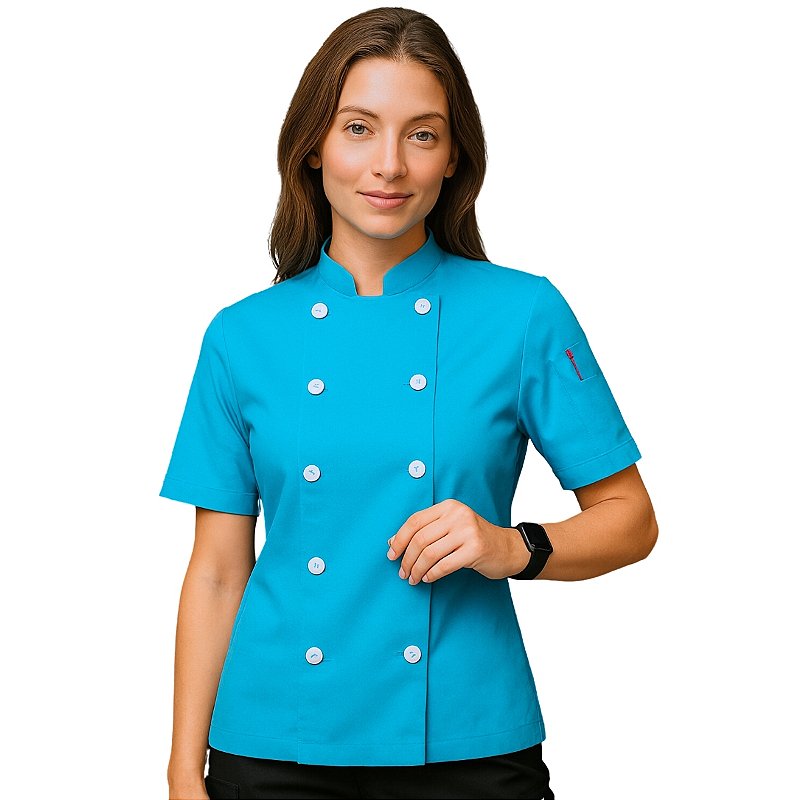 Dólmã Feminina Acinturada Azul Turquesa com Bolso – Dr Chef - DR.CHEF