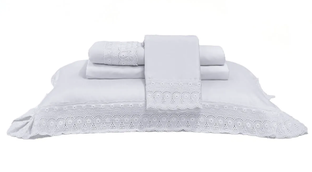 Jogo de Cama Percal 300 Fios c/ Bordado Branco