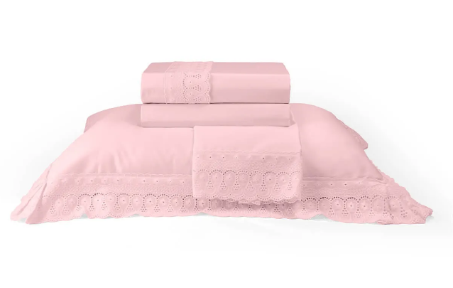 Jogo de Cama 300 Fios c/ Bordado Rosa Chiclete