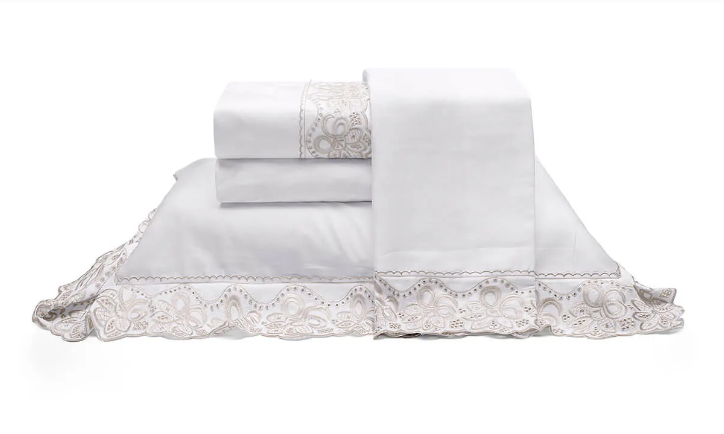 Jogo de Cama 300 Fios c/ Bordado Branco/Kaki