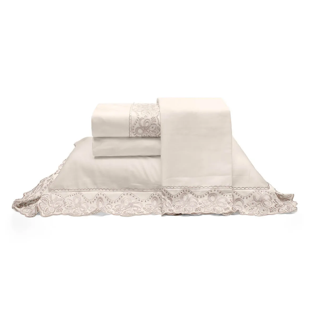 Jogo de Cama 300 Fios c/ Bordado Marfim