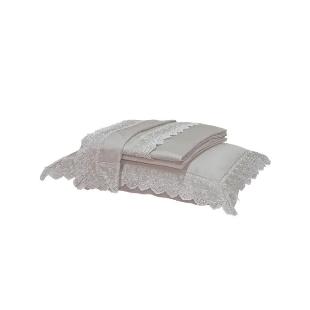 Jogo de Cama Algodão Egípcio 300 Fios com Bordado Inglês Cor Kaki 4 Peças