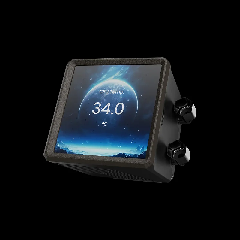 GAMDIAS AURA GL360 LCD -- Detalhe das ventoinhas ARGB e radiador 360 mm
