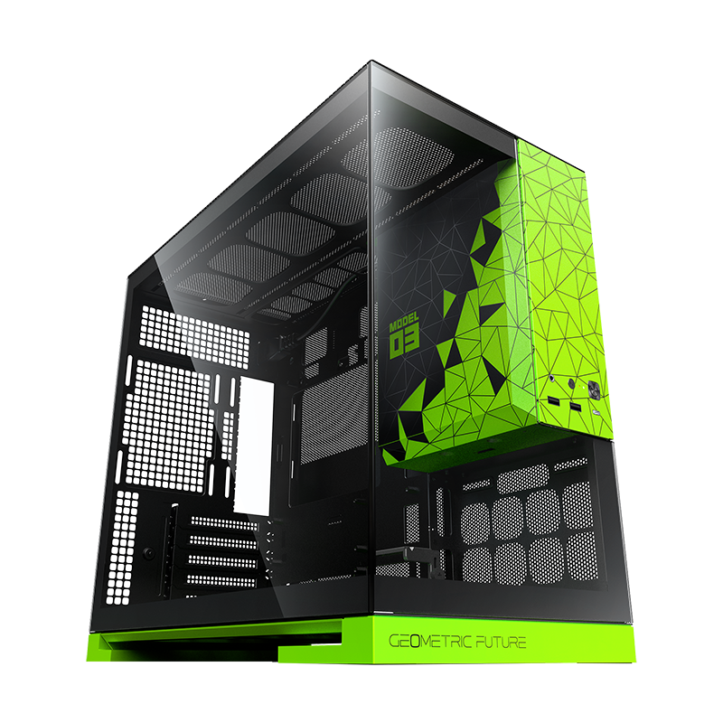 Design do gabinete Geometric Future Model 3 preto e verde com vidro panorâmico