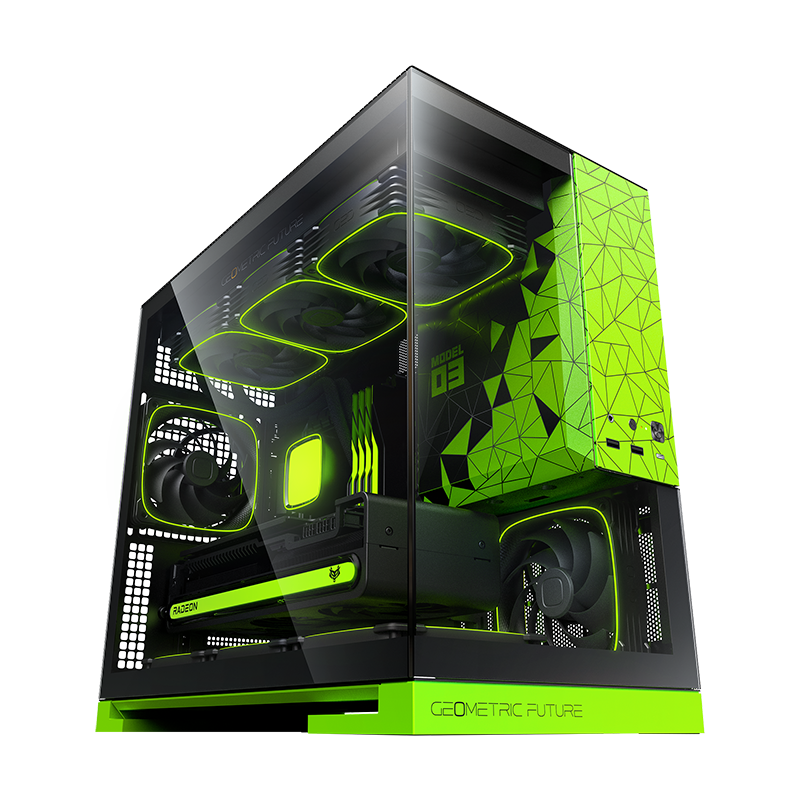 Interior e montagem do gabinete Geometric Future Model 3 preto e verde