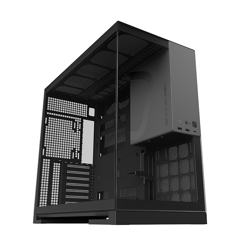 Design do gabinete Geometric Future Model 5 Preto e Cinza com 5 Fans — foto oficial