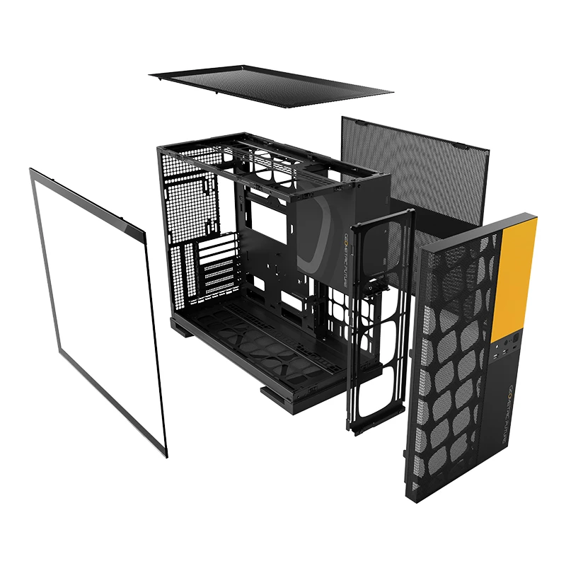 Design do gabinete Geometric Future Model 5 Vent Preto e Amarelo — foto oficial