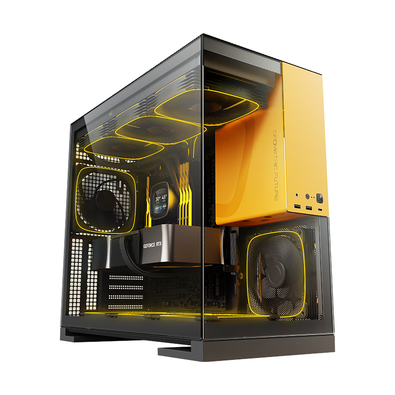 Design do gabinete Geometric Future Model 5 Preto e Amarelo — foto oficial