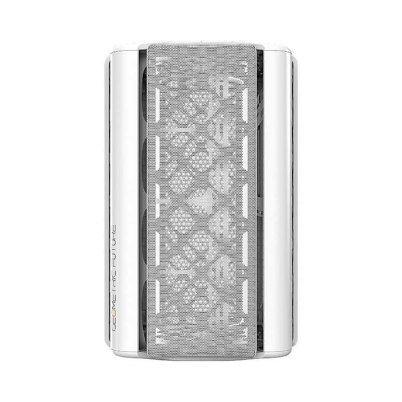 Design do gabinete Geometric Future Model 2 The Ark mesh branco com painéis em tela mesh