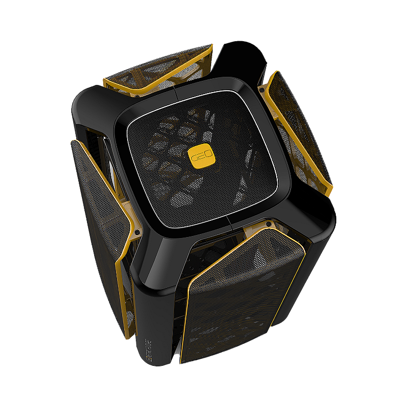 Design do gabinete Geometric Future Model 2 The Ark mesh preto com painéis em tela mesh