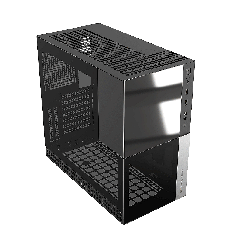 Design do gabinete Geometric Future Model 4 Caliburn preto com vidro temperado