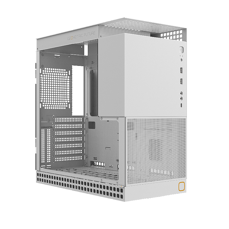Estrutura interna e slots de expansão do gabinete Geometric Future Model 4 King Arthur branco
