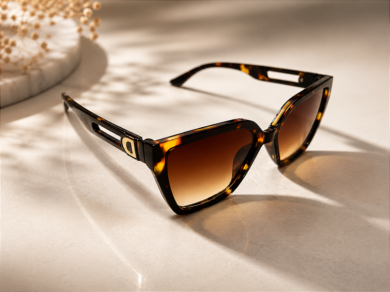 Óculos Cat-Eye Tartaruga com Lentes Degradê e Detalhe Metálico