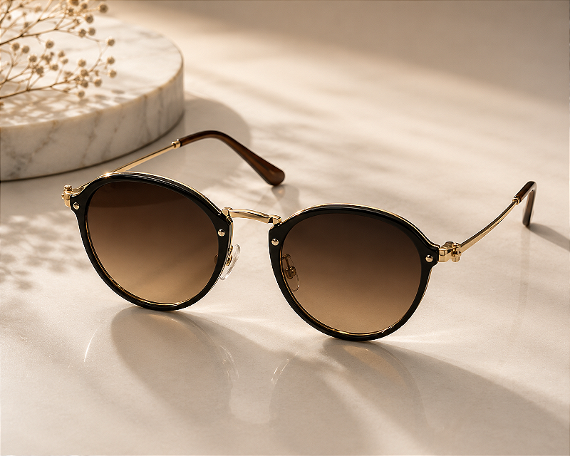 Óculos Arredondado Retrô Metal Dourado com Lentes Degradê Marrom