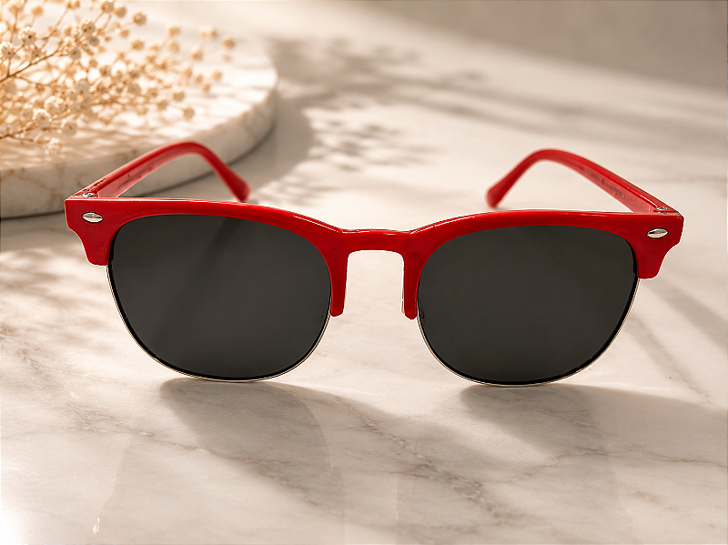 Óculos Clubmaster Retrô Vermelho com Lentes Pretas