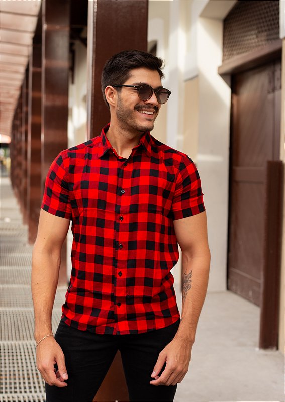 Camisa Social Masculina Manga Curta Xadrez