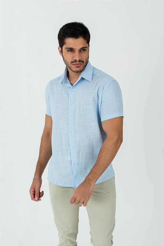 Camisa Social Masculina Manga Curta Azul