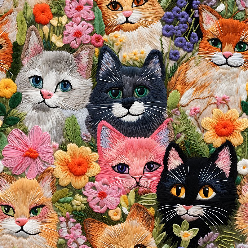 Conjunto de três gatos macarões coloridos com diferentes rostos