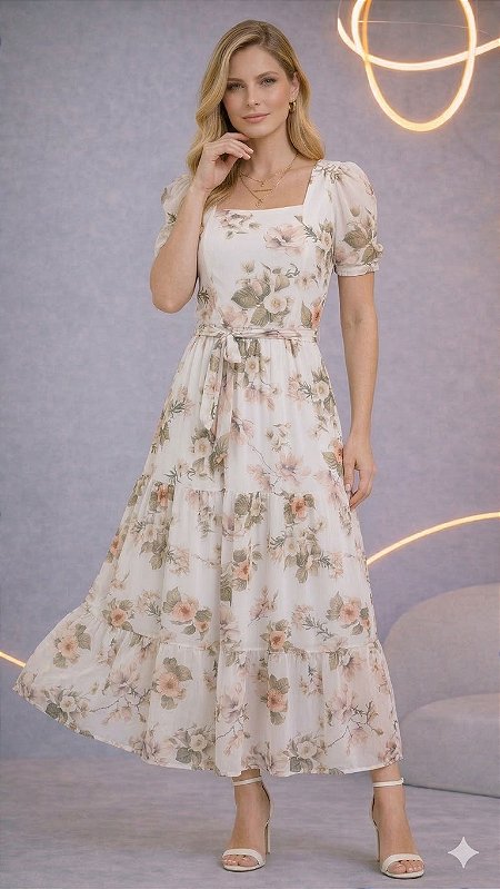 Vestido com Manga em Tule Estampado 0146 - Liz