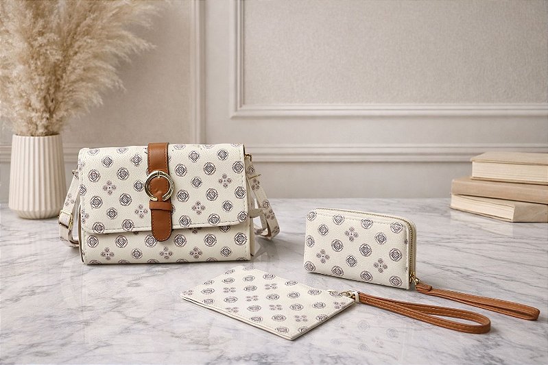 Kit Trio Elegance Monograma – Bolsa + Carteira + Porta Moedas (Importado)