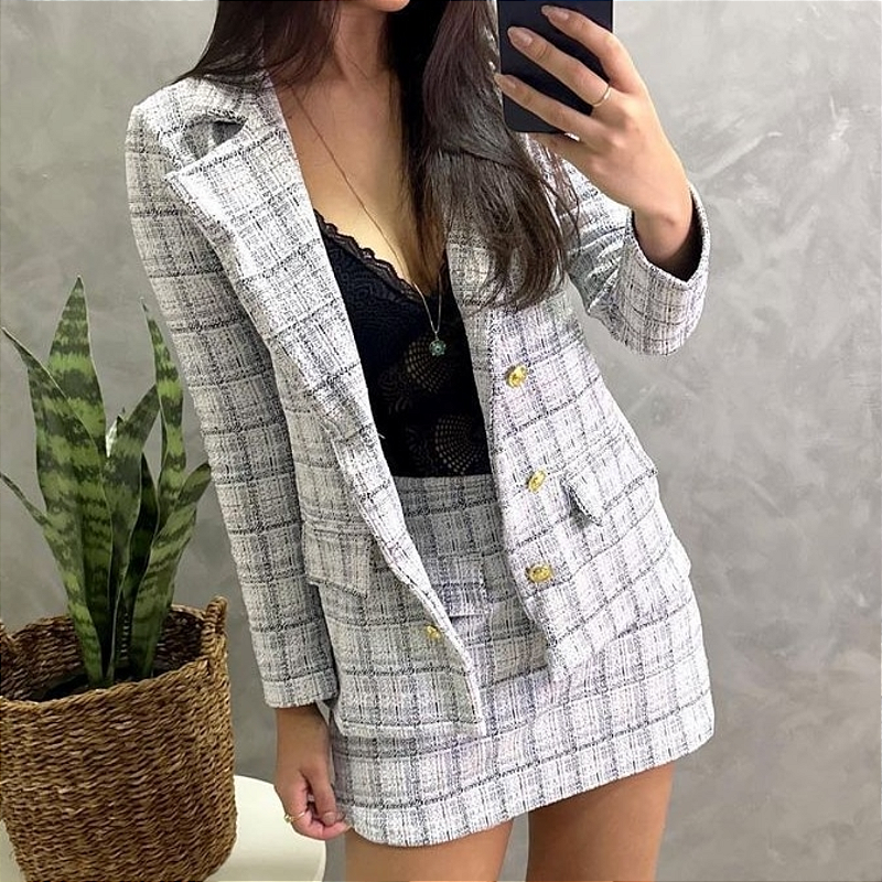 Conjunto Social Feminino Saia e Blazer Xadrez - Atacado Goiânia.