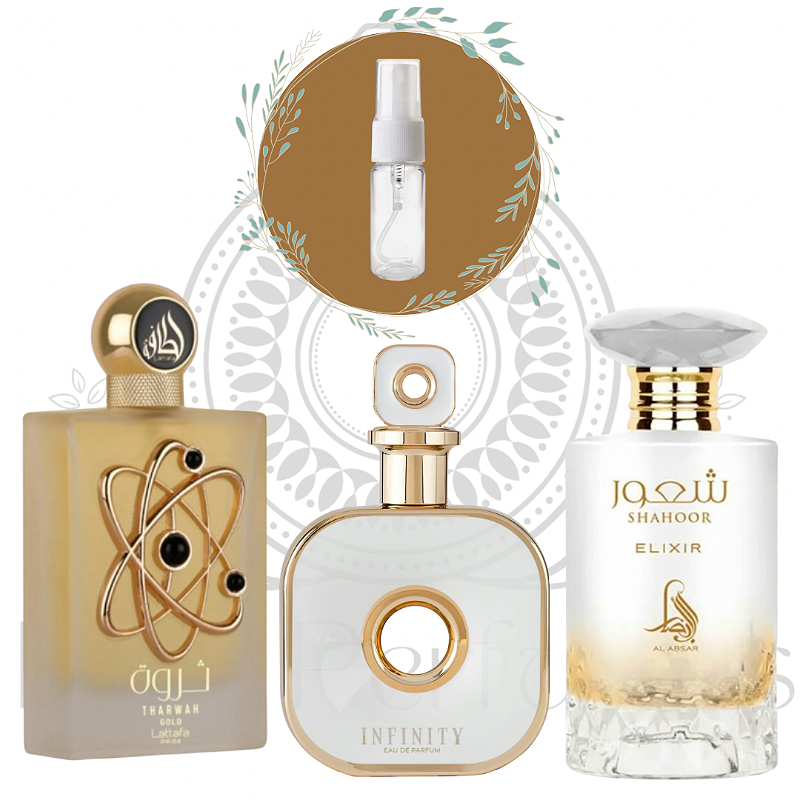 Combo  Irresistível: 5 ml Shahoor Elixir + 5 ml Tharwah Gold + 5 ml Infinity Gold- Feminino