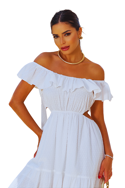 Vestido Corte Lateral Bainha Ruffle Ombro a Ombro Off White