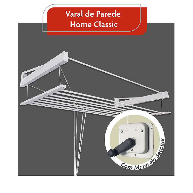 Varal De Parede Sobe E Desce com Manivela Classico 120 Cm Aluminio
