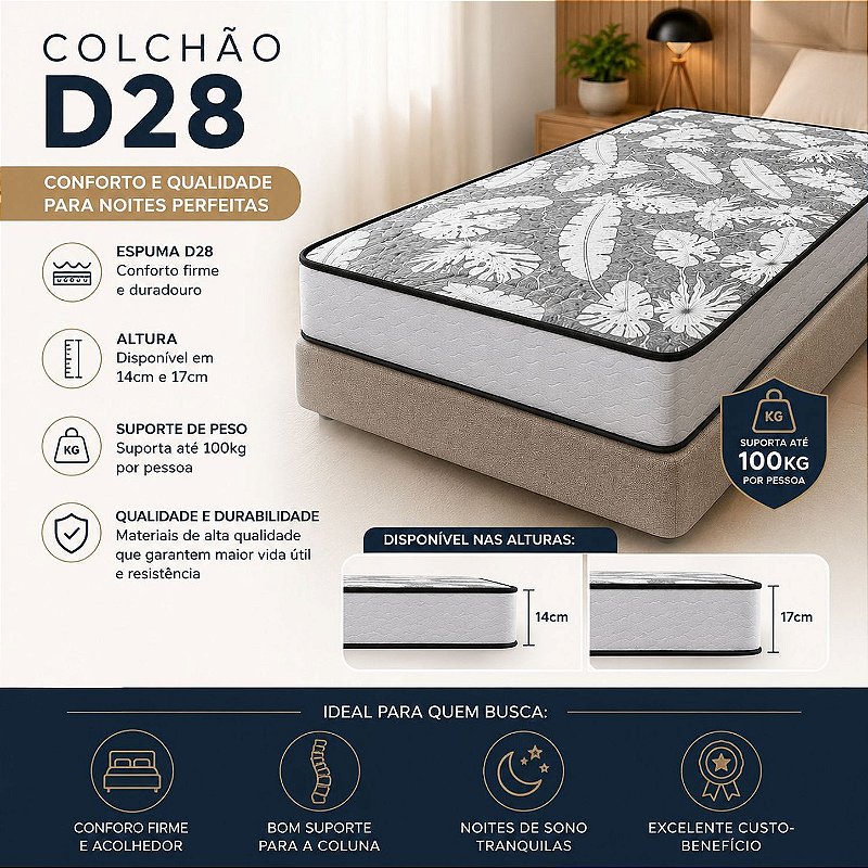 Colchão D28 Casal 100% Espuma Ortopédica Certificada Firme Suporta Até ...