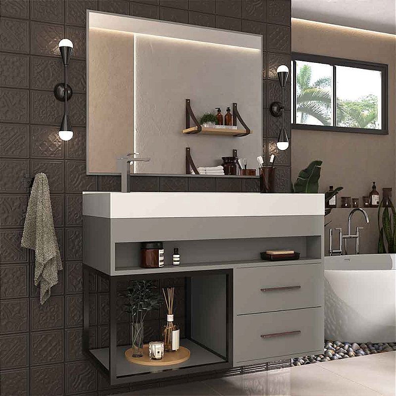 Gabinete para Banheiro com Cuba e Espelheira New Plus Cimento - Moville -  Moville - Móveis para sua Casa você encontra aqui