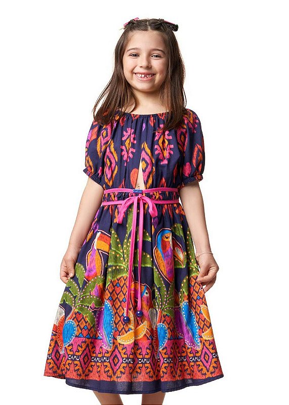 Vestido Midi Ikat Barrado Manga Curta Teen