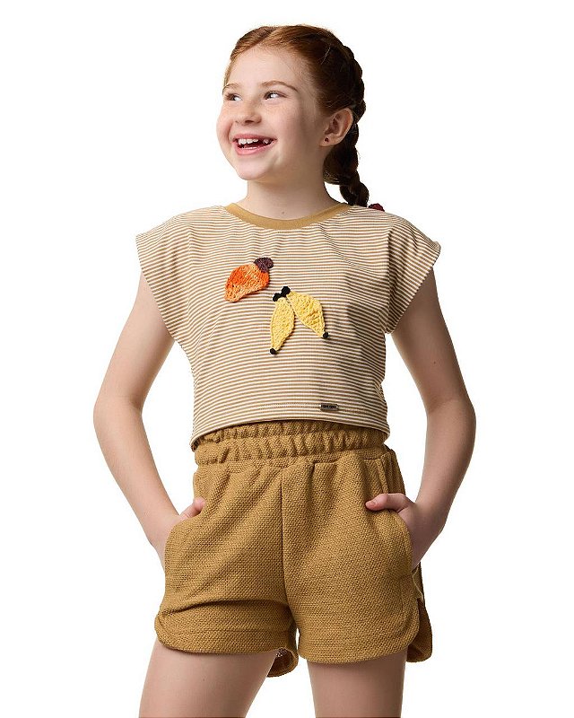 Conjunto Shorts Malha Tricô Com Cropped Listras Teen