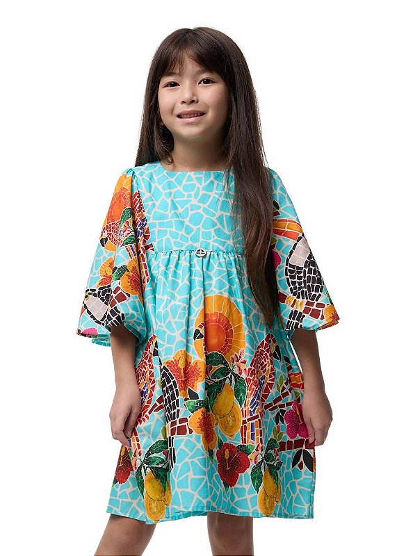 Vestido Mosaico Tropical Com Mangas