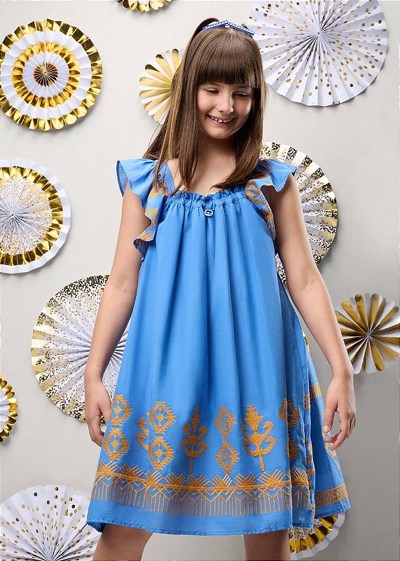 Vestido Azul Bordado Corais